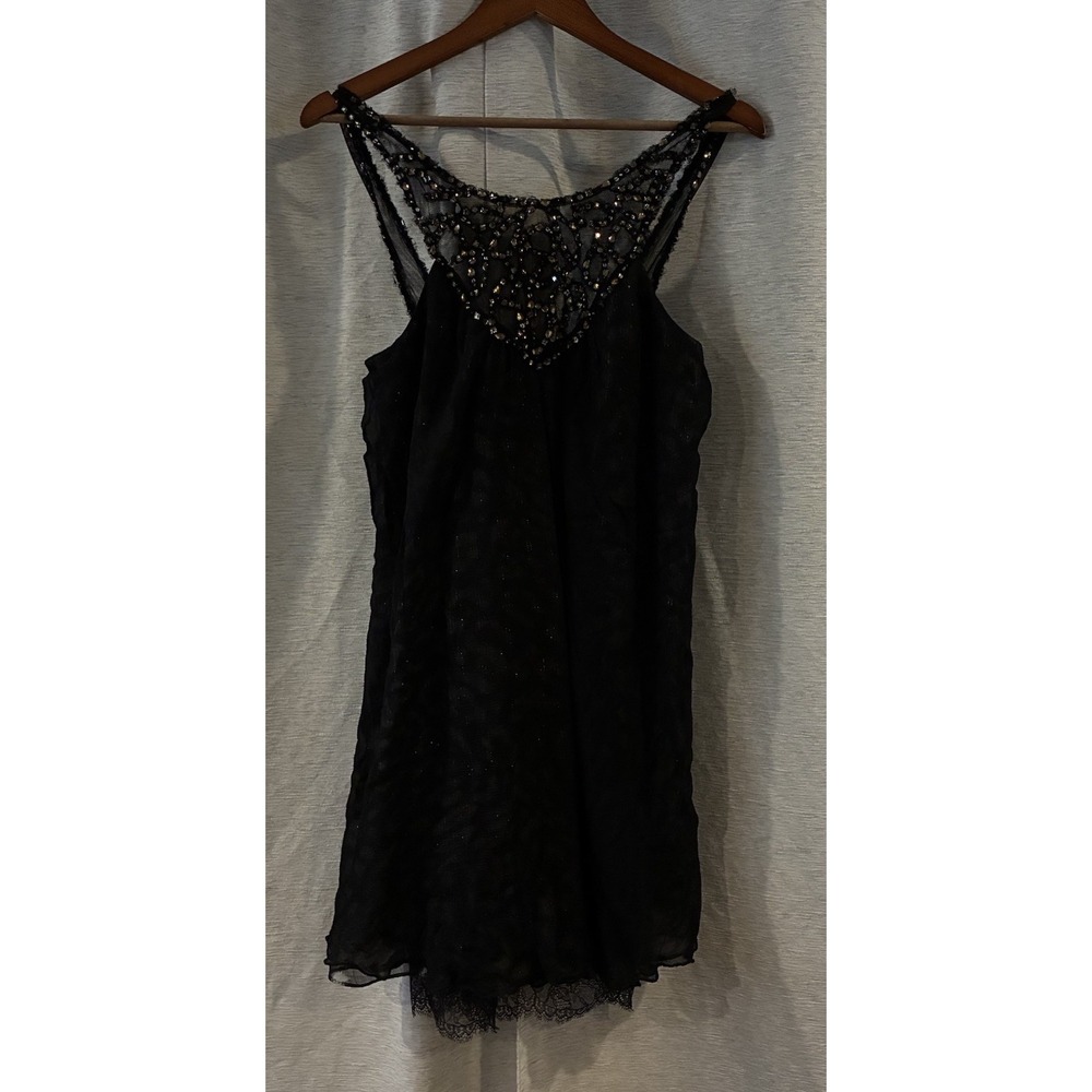 BCBG Max Azria Anika Black Cheetah Silk Cocktail Dress Size 6 Beaded Lace Prom